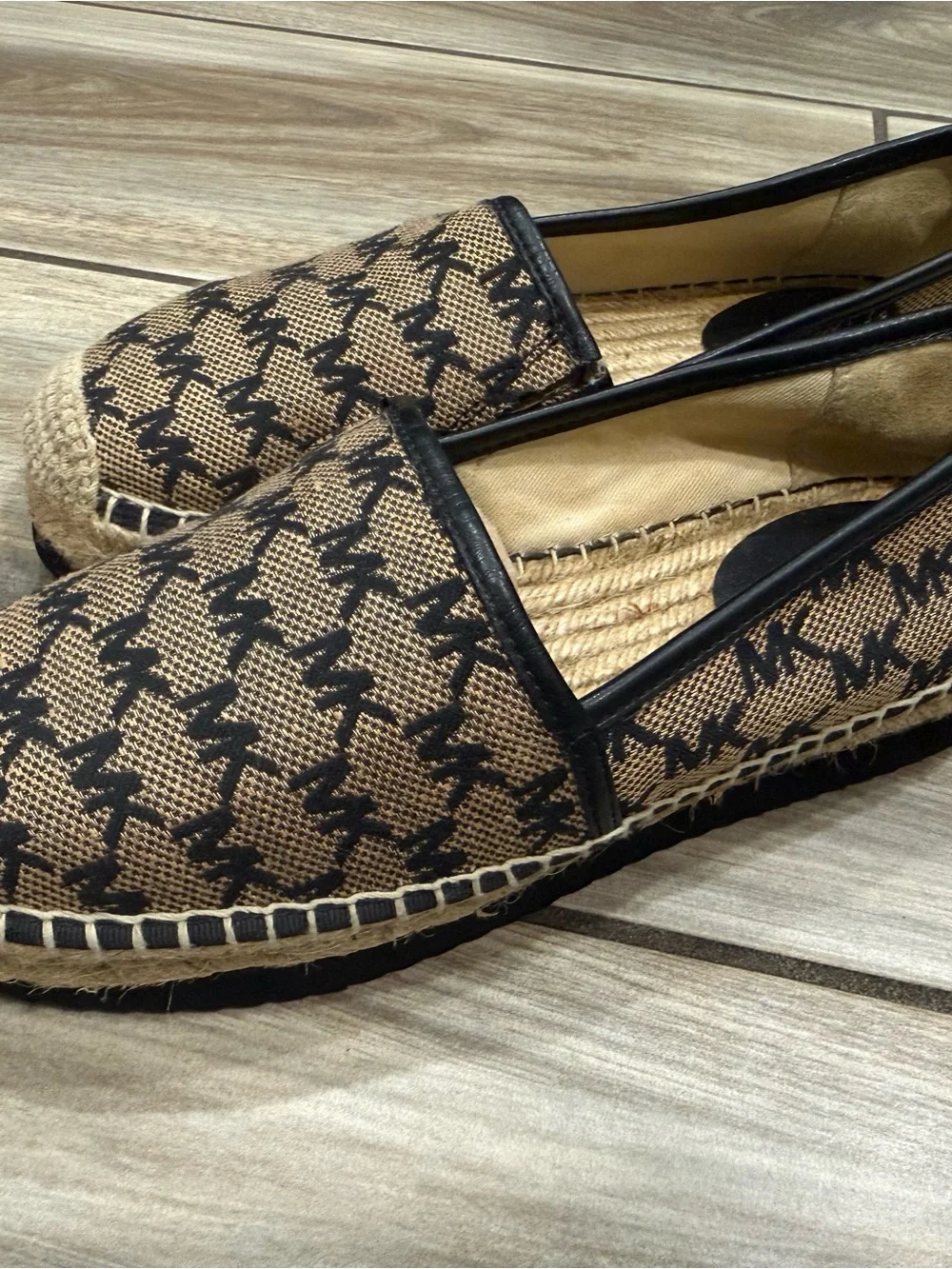 Michael Kors Tan and Black Monogram Espadrille Slip-Ons